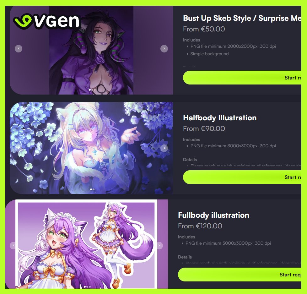 J'ai rejoint Vgen pour ceux qui souhaiteraient me commissionner !   
Je ne propose pour le moment que 3 services et les slots sont limités, d'autres seront ajouté prochainement
vgen.co/EliaVespera

#CommissionOpen