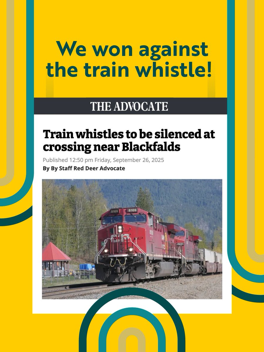 CommStrongAB's tweet image. Victory! #Blackfalds Town Council voted unanimously to silence train whistles at Lakeside Sargent Rd. Thanks to everyone who signed our petition! Your voices helped make this happen. Want to join future actions? communitystrongalberta.ca/actions/join/ #CommunityStrongAB