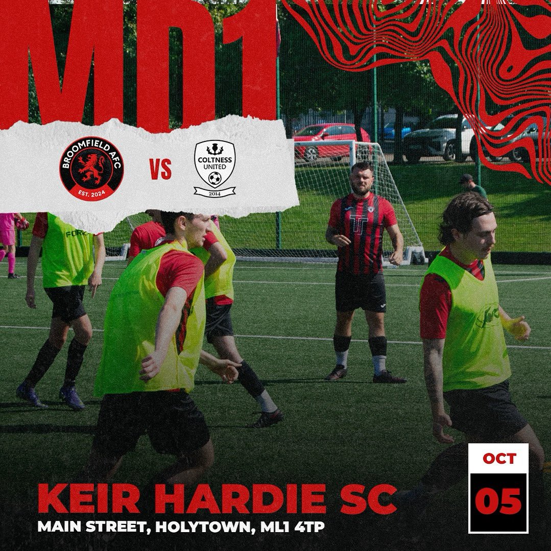 A&amp;C Premiership
Matchday 1

Broomfield AFC vs Coltness United

Sunday 5th October, 3pm kick off, Kier Hardie SC

Home debut in the Premiership up against familiar opposition, come along &amp; support the lads. 

MonTheBroomy⚫️🔴

<a href="/scottish_aff/">AmateurFixturesResultsSCO</a>