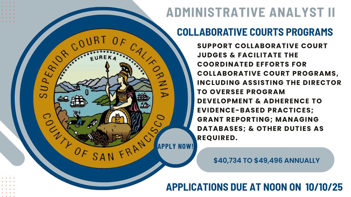 Be a key part of our Collaborative Courts team! The Court is recruiting for an Administrative Analyst II. More info: bit.ly/3Ku09f4