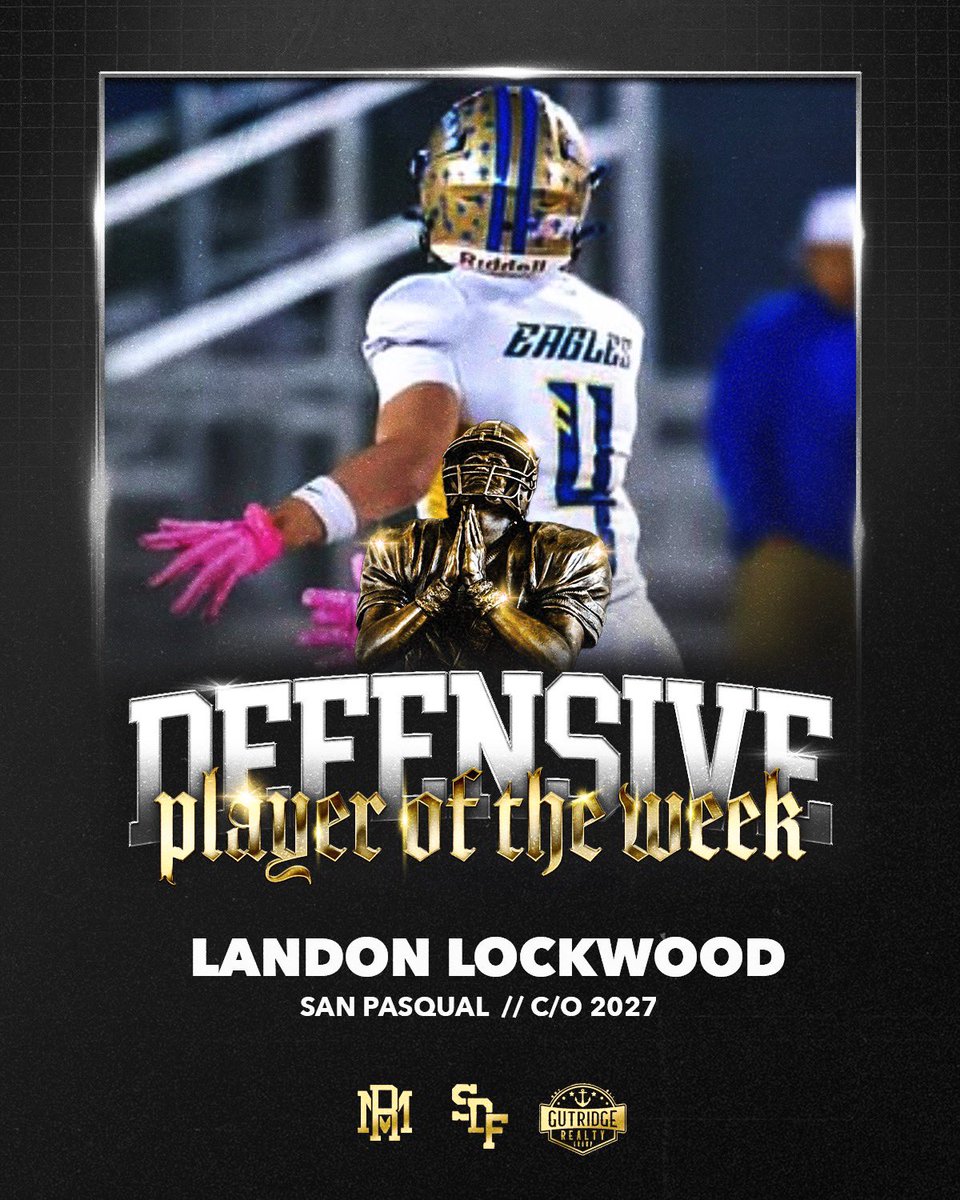 Defensive Player of the Week brought to you by <a href="/aarongutridge/">Aaron Gutridge</a> Week 6 Edition , The winner is San Pasqual Safety Landon Lockwood he had 11 Tackles and 3 Interceptions as they defeated Westview 55-21 .