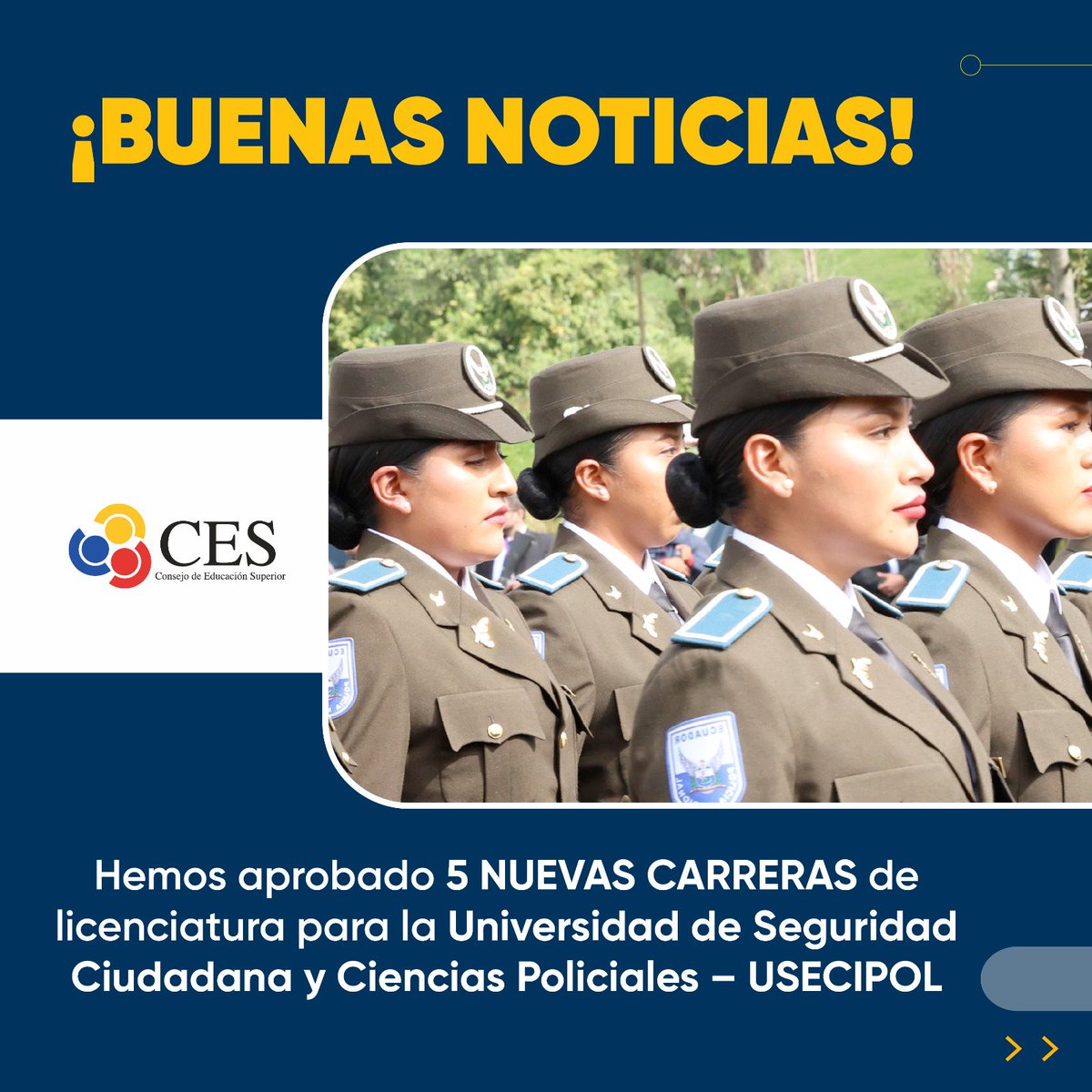 ces_ec's tweet photo. 👮‍♀️👮‍♂️ Hoy, hemos aprobado las primeras 5️⃣ licenciaturas de la Universidad de Seguridad Ciudadana y Ciencias Policiales – @usecipol.

👏 Estas carreras marcan un hito y contribuirán de manera decisiva al fortalecimiento de la seguridad ciudadana y del sistema de educación superior. https://t.co/IO0sKZz2Yx
