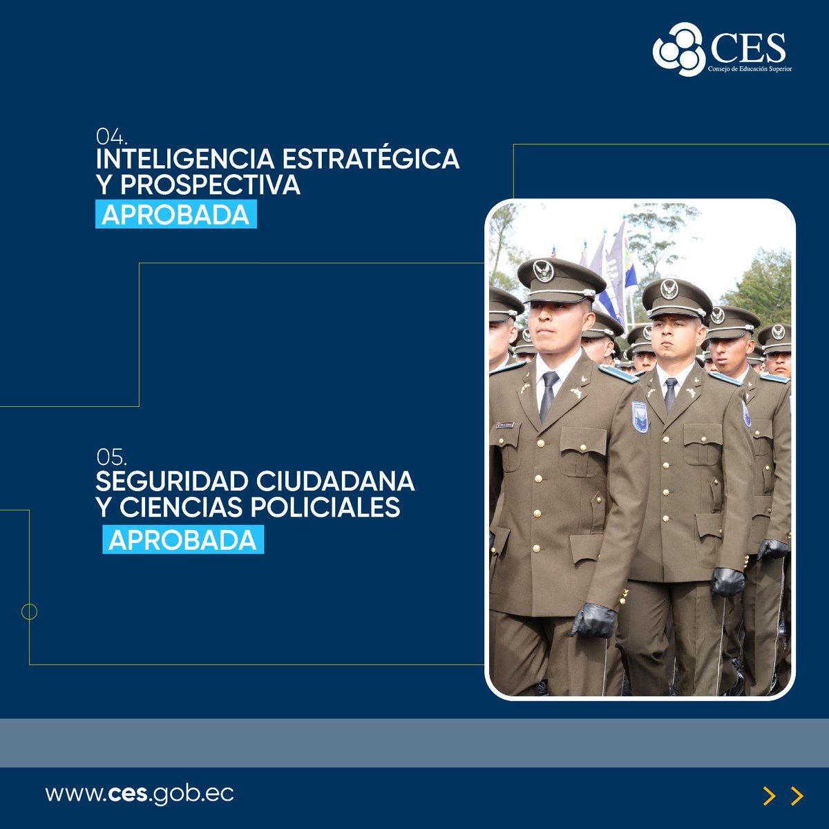 ces_ec's tweet photo. 👮‍♀️👮‍♂️ Hoy, hemos aprobado las primeras 5️⃣ licenciaturas de la Universidad de Seguridad Ciudadana y Ciencias Policiales – @usecipol.

👏 Estas carreras marcan un hito y contribuirán de manera decisiva al fortalecimiento de la seguridad ciudadana y del sistema de educación superior. https://t.co/IO0sKZz2Yx