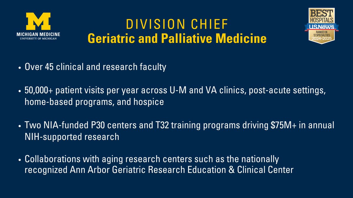 🔔 Reminder: The Division of Geriatric and Palliative Medicine is still looking for its next chief! Explore this opportunity to lead a division recognized in research, patient care, and education.

Learn more and apply: medschool.umich.edu/departments/in…