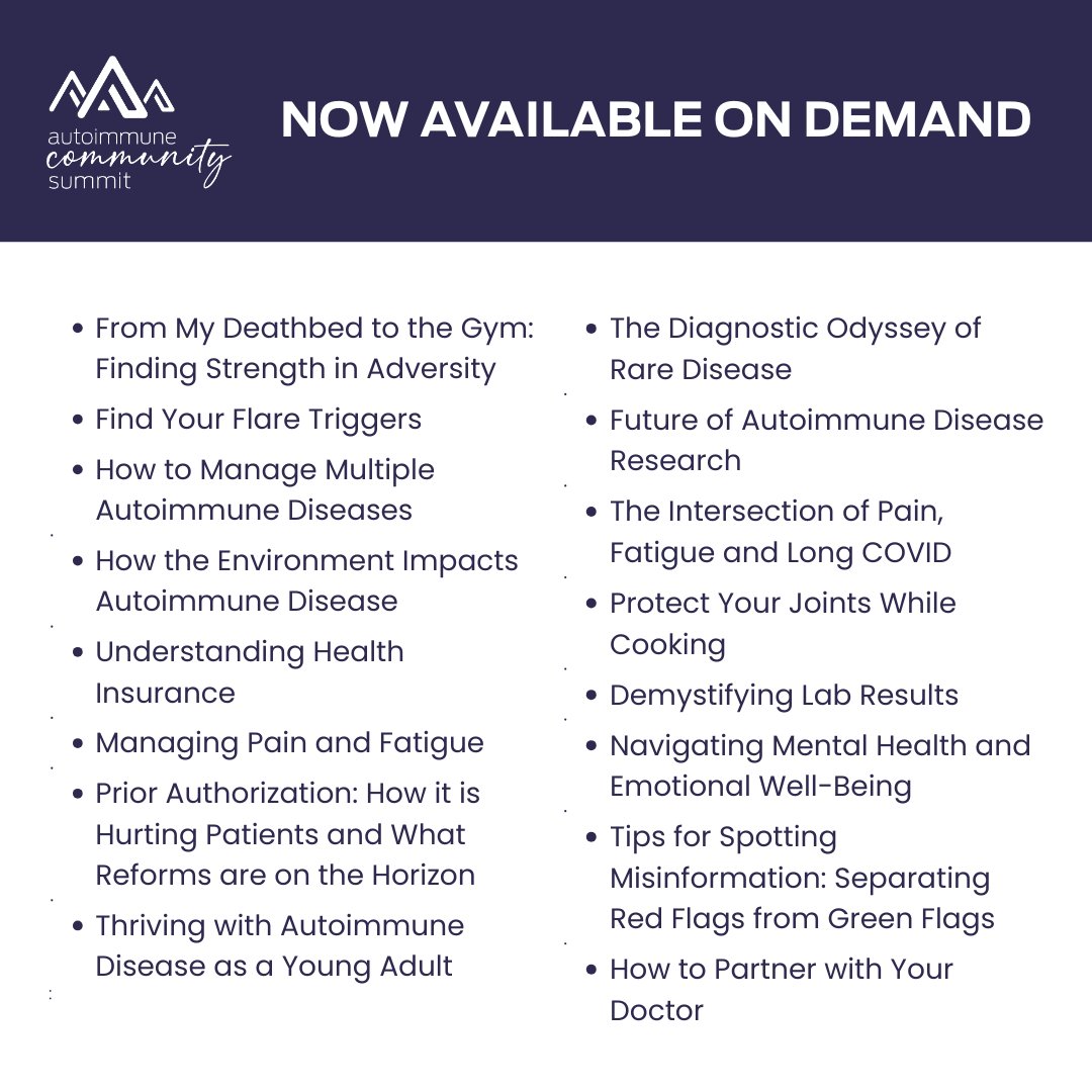 AutoimmuneAssoc's tweet photo. Missed the #AutoimmuneCommunitySummit? All sessions are now available on demand! Register free + watch anytime 👉 https://t.co/TT0cjT7PZ4
#Autoimmune #AutoimmuneDisease #AutoimmuneAwareness #ChronicIllness #InvisibleIllness https://t.co/cxcgz12t7c