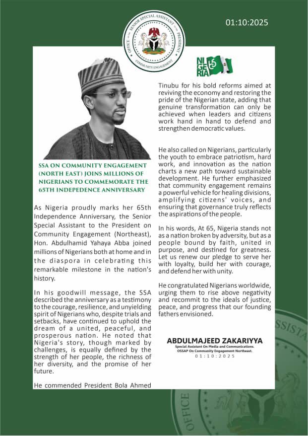 𝐒𝐒𝐀 𝐎𝐧 𝐂𝐨𝐦𝐦𝐮𝐧𝐢𝐭𝐲 𝐄𝐧𝐠𝐚𝐠𝐞𝐦𝐞𝐧𝐭 (𝐍𝐨𝐫𝐭𝐡-𝐄𝐚𝐬𝐭) 𝐉𝐨𝐢𝐧𝐬 𝐌𝐢𝐥𝐥𝐢𝐨𝐧𝐬 𝐎𝐟 𝐍𝐢𝐠𝐞𝐫𝐢𝐚𝐧𝐬 𝐓𝐨 𝐂𝐨𝐦𝐦𝐞𝐦𝐨𝐫𝐚𝐭𝐞 𝐓𝐡𝐞 𝟔𝟓𝐭𝐡 𝐈𝐧𝐝𝐞𝐩𝐞𝐧𝐝𝐞𝐧𝐜𝐞 𝐀𝐧𝐧𝐢𝐯𝐞𝐫𝐬𝐚𝐫𝐲