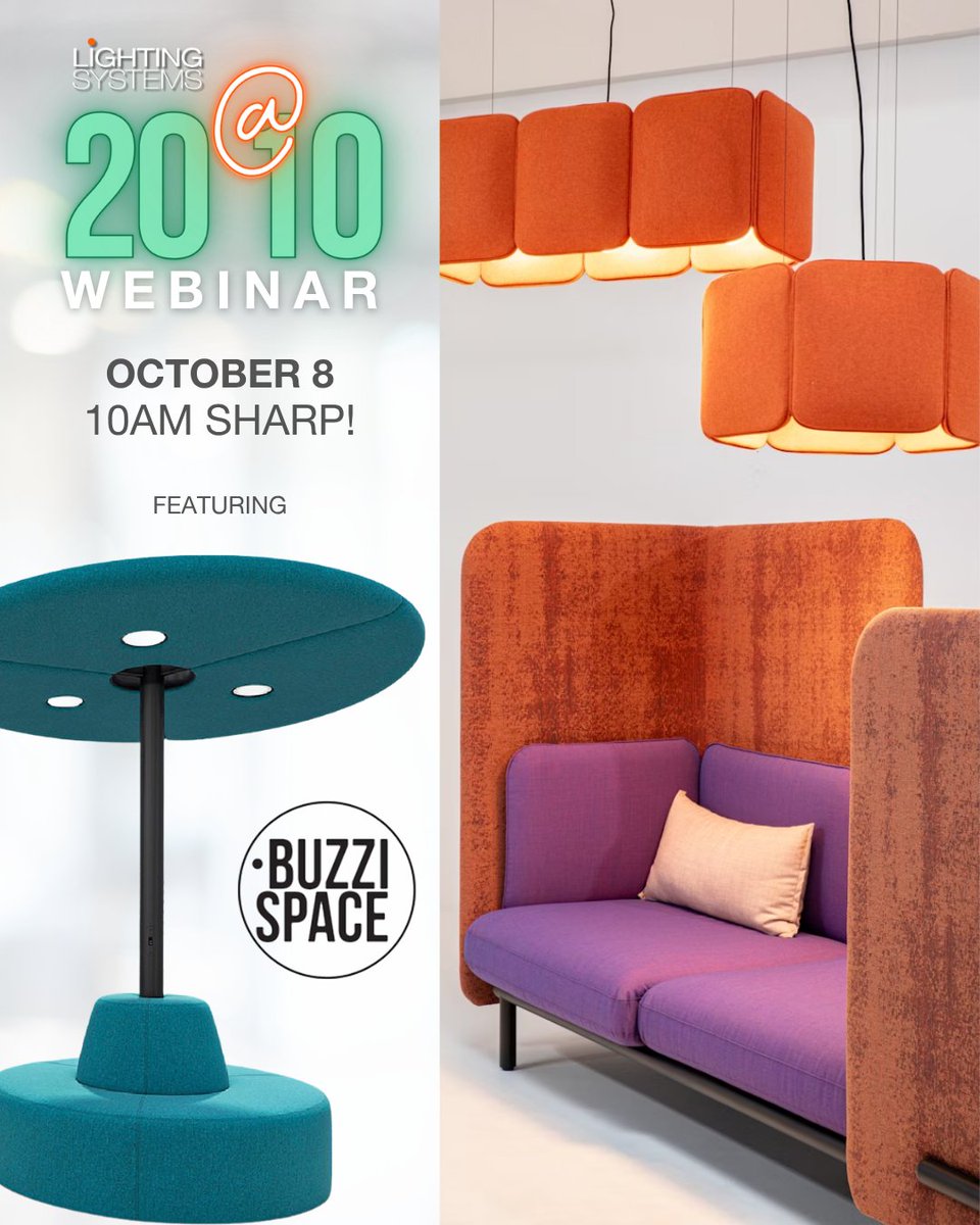 Our next 20@10 Webinar featuring the BuzziSpace BuzziChicle Acoustic Light!
Playful yet refined, it adds a hit of happiness to any interior. Learn more about BuzziSpace Acoustic designs Wednesday October 8 zurl.co/BNQJp 
Register Now!