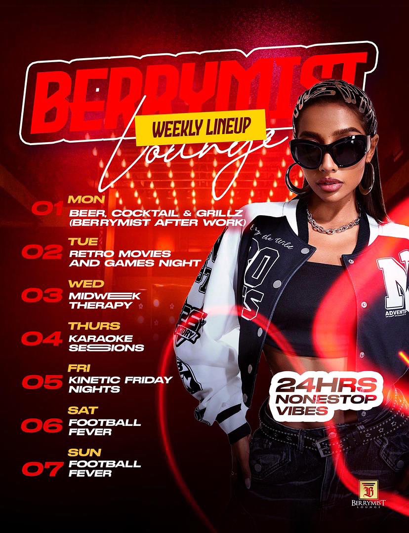 ✨ 𝗜𝘁’𝘀 𝗮 𝗡𝗘𝗪 𝗠𝗢𝗡𝗧𝗛…  
𝗮𝗻𝗱 𝗶𝘁 𝗰𝗼𝗺𝗲𝘀 𝘄𝗶𝘁𝗵 𝗮 𝗡𝗘𝗪 𝗩𝗜𝗕𝗘 𝗮𝘁 𝗕𝗲𝗿𝗿𝘆𝗠𝗶𝘀𝘁 𝗟𝗼𝘂𝗻𝗴𝗲 ✨🍷🎶  
𝗙𝗿𝗼𝗺 𝗠𝗼𝗻𝗱𝗮𝘆 𝘁𝗼 𝗦𝘂𝗻𝗱𝗮𝘆, 𝘄𝗲’𝘃𝗲 𝗹𝗶𝗻𝗲𝗱 𝘂𝗽  
*𝗕𝗔𝗖𝗞-𝗧𝗢-𝗕𝗔𝗖𝗞 𝗘𝗫𝗣𝗘𝗥𝗜𝗘𝗡𝗖𝗘𝗦*💃🏽🔥 
𝗣𝗶𝗰𝗸 𝗮 𝗱𝗮𝘆 ..