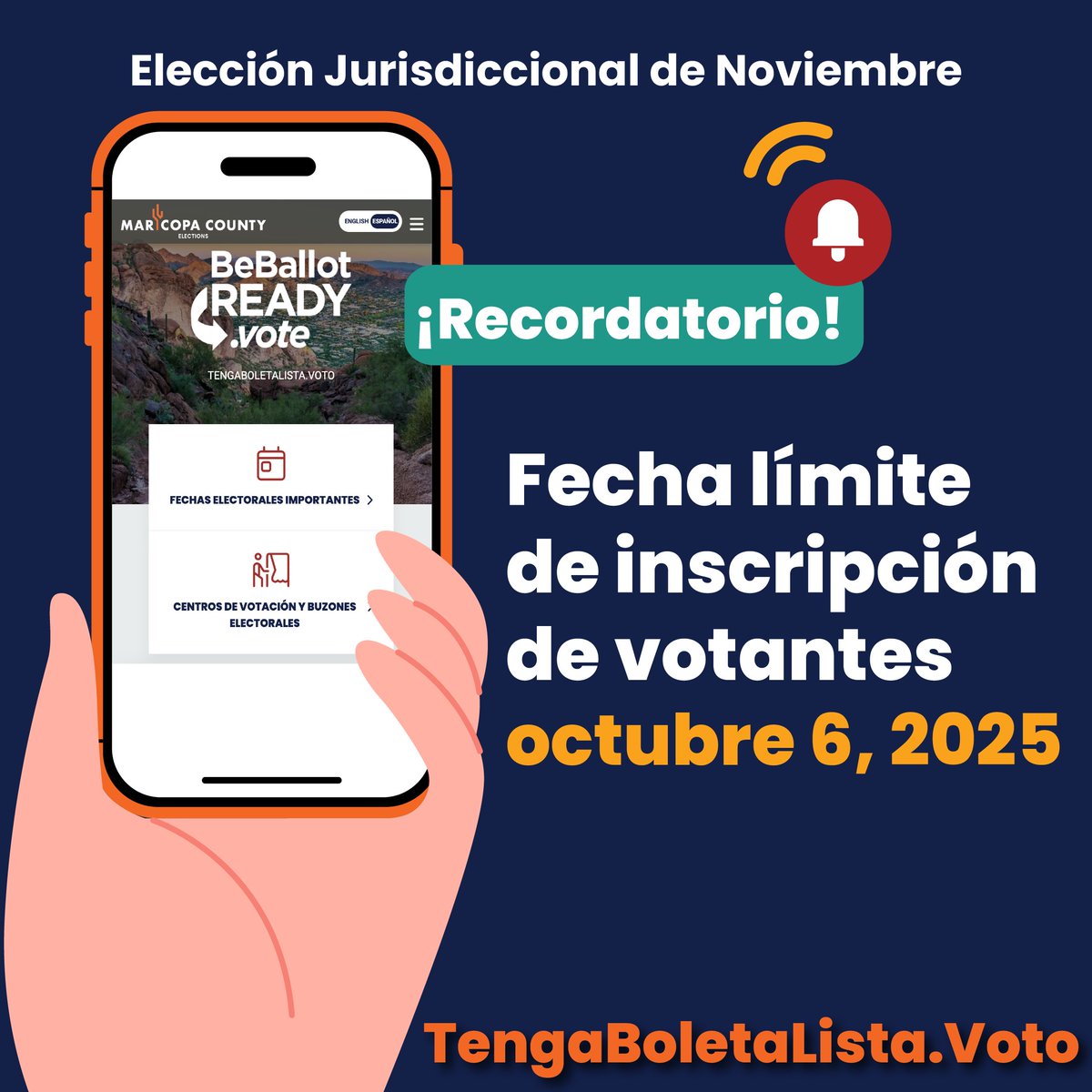 Maricopa County is administering all-mail jurisdictional elections on Nov. 4, 2025. Verify your registration at BeBallotReady.Vote by the deadline on Oct. 6, 2025!

El Condado de Maricopa administrará elecciones jurisdiccionales por correo el 4 de noviembre de 2025.