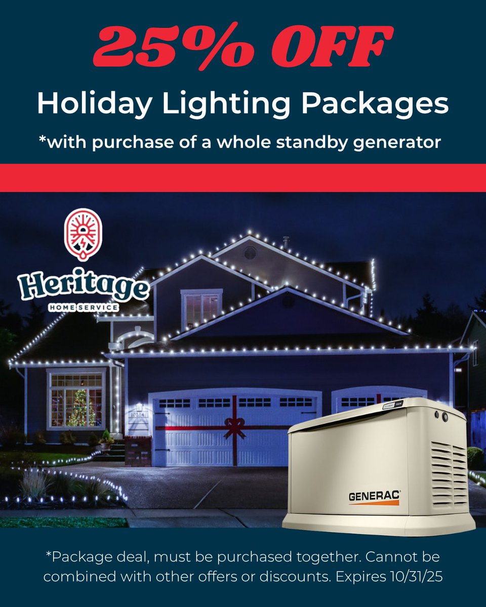 🎄✨ Light up the holidays AND power up your home! ✨🎄
This season, when you install a standby generator with Heritage Home Service, you’ll get 25% OFF our holiday lighting packages. 🌟

📞 +1 833-654-6664

#HeritageHomeService #HolidayReady #StandbyGenerator #HolidayLights