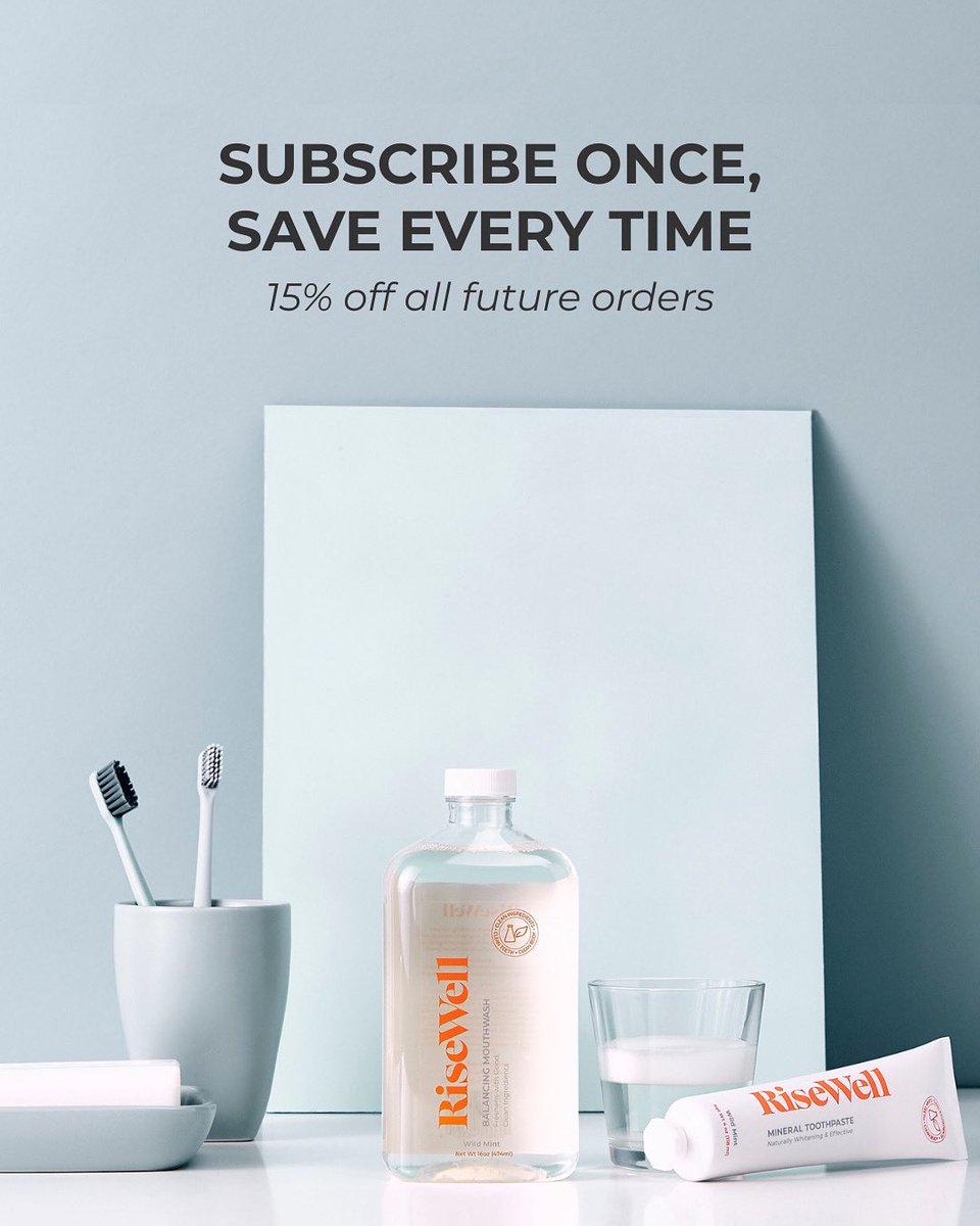 RiseWellCo's tweet photo. Ensure your oral care routine is consistent, effective, and worry-free. With our Subscribe & Save option, you’ll receive RiseWell’s dentist-developed, hydroxyapatite-powered essentials delivered on your schedule, and save 15% on every order. Developed by dentists, backed by science, made simple and convenient.