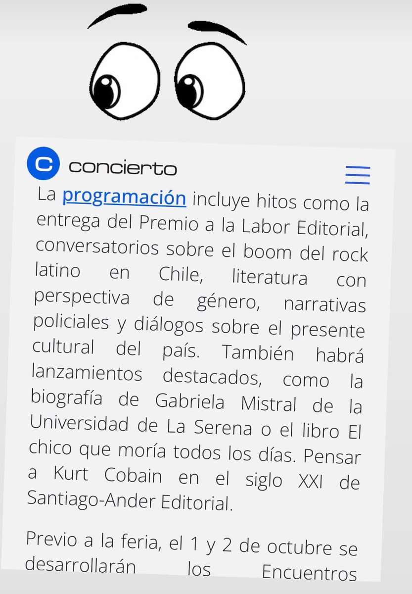 En <a href="/conciertoradio/">Radio Concierto</a> toda la info de #LaPrimaveraDelLibro y el lanzamiento del libro sobre #KurtCobain. Saludos y gracias! 🥳📚🚀✨

<a href="/lezcanowalter/">Walter Lezcano</a> <a href="/Nirvana/">Nirvana</a> <a href="/EditorialesCL/">Editoriales de Chile</a>