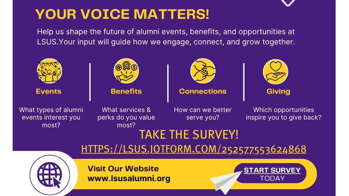 💜 LSU Shreveport Alumni — we need your feedback! 
 
 Take 5 minutes to complete our Alumni Engagement &amp; Satisfaction Survey. Your feedback will shape the future of alumni programming, events, and benefits at LSUS.  

📷 Scan the QR code or start here: lsus.jotform.com/252577553624868