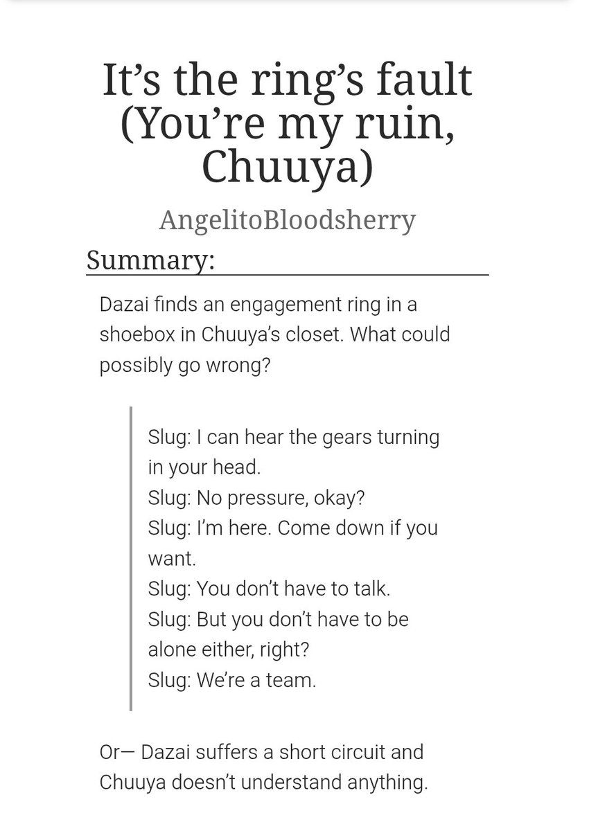bloodsherry_'s tweet photo. It’s the ring’s fault (You’re my ruin, Chuuya)

◽️ +10,3k w. | shortfic
◽️ Established relationship
◽️ Angst and Hurt/Comfort
◽️ Suffering Dazai Osamu
◽️ Soft skk

#skk #bsd

🔗⤵️ https://t.co/U9tdI6RpIX