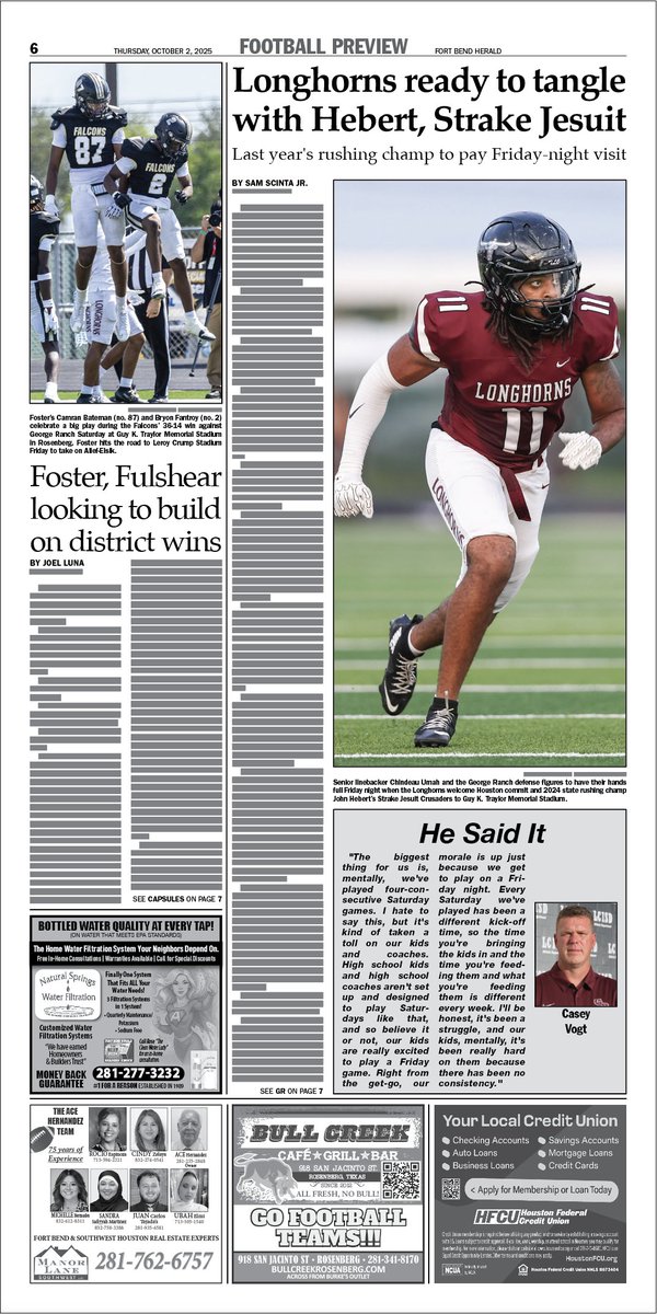 Here's a peek at the <a href="/fbheraldsports/">Fort Bend Herald sports</a> Week 6 preview, where I take a look at a big one Friday night for <a href="/GRHS_Football/">GRHS Football</a>, while <a href="/fulshear_fball/">Fulshear Football</a> and <a href="/FosterFootball/">Foster Football</a> try to build on wins in their 20-6A openers.

Big thanks to <a href="/CoachCaseyVogt/">Casey Vogt</a> for his help

#txhsfb 
#FortBendFootball