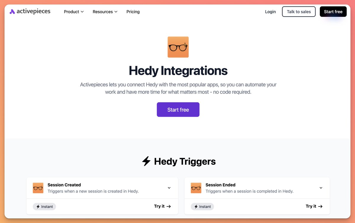 Hedy + @ActivePieces = Powerful meeting automation

Open-source platform with unlimited task execution and self-hosting options.

Auto-update CRM, create tasks, send follow-ups—all from your Hedy sessions.

Setup takes 5 minutes 👇