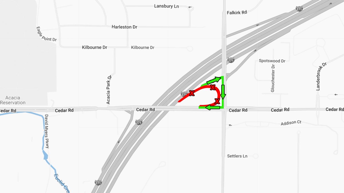 LyndhurstPD's tweet photo. The I-271 n/b loop ramp w/b to Cedar Rd will be CLOSED for approx. two weeks! Access to Cedar Rd will be maintained via Brainard Rd, with backups expected along n/b I-271. Use caution when traveling in the area and consider using an alternate route. Thank you for your patience! https://t.co/Zy67NNnQyr