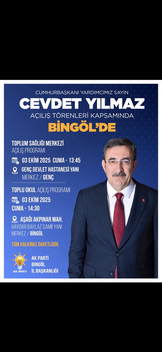 Emre_Okay12's tweet photo. Cumhurbaşkanı Yardımcımız Sayın Dr. Cevdet Yılmaz, 3 Ekim Cuma günü gerçekleştirecekleri kapsamlı bir dizi program ve açılış töreni için ilimize teşrif edeceklerdir. Cumhurbaşkanı Yardımcımız Sayın Dr. Cevdet Yılmaz'ın ziyaretleri, şehrimiz için önemli yatırım ve projelerin hayata geçirilmesine vesile olacaktır. Tüm hemşehrilerimiz bu anlamlı güne ve açılışlara davetlidir. @_cevdetyilmaz @bingolakparti @FeyziBerdibek1 @Korkutata_Zeki