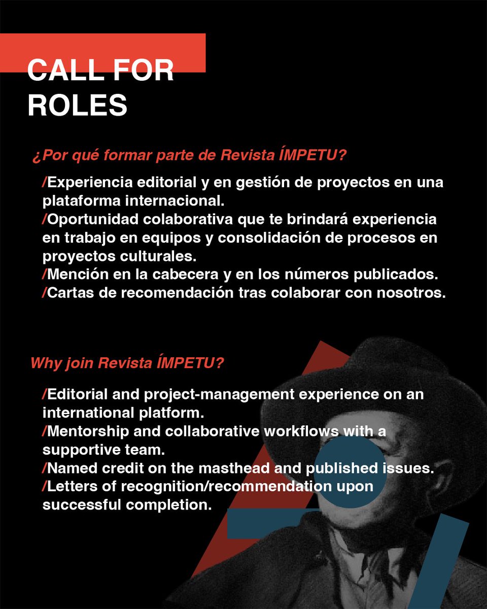 CALL FOR ROLES ‼️ [English below]

Estamos en busca de jóvenes profesionales apasionados por el arte, la literatura y la cultura española.

Se aceptan solicitudes de cualquier país y disciplina relacionada. Consulta toda la información y requisitos en este hilo. ⬇️⬇️⬇️