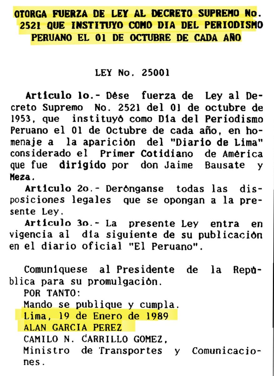 Hoy es el Día del Periodista promulgado por Ley N° 25001 del año 1989 por el pdte <a href="/AlanGarciaPeru/">Alan García</a>, saludo a todos los trabajadores de la prensa que nos dan la posibilidad de comunicar y comunicarnos, con responsabilidad y compromiso de defender la libertad de opinión
Feliz Día!!!