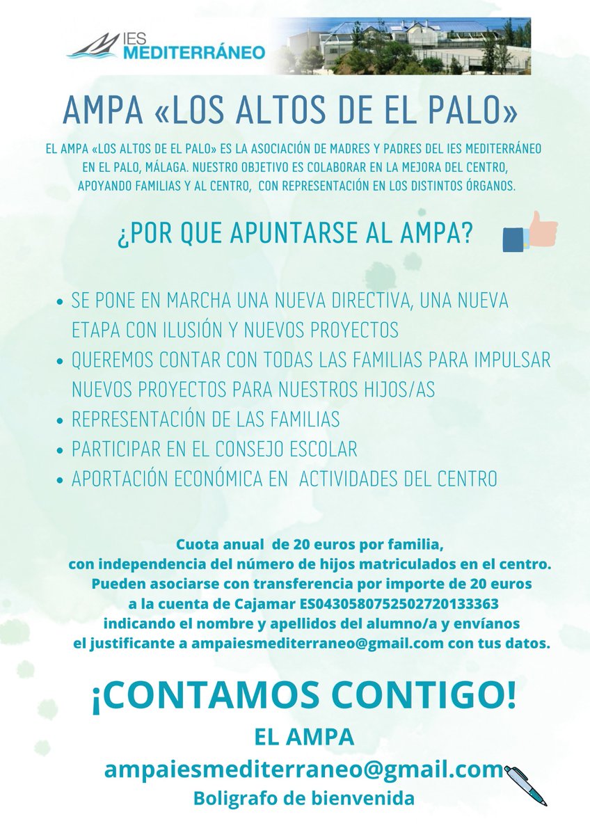 Os animamos a participar en el AMPA de nuestro centro. Su colaboración es inestimable  🩵 para un sinfín de actividades  👨‍💻⛹️✈️ que beneficia a todo el alumnado.
<a href="/EducaAnd/">Consejería Desarrollo Educativo y FP</a> <a href="/FDAPAMalaga/">FDAPA Malaga</a> <a href="/EducacionMalaga/">Área de Educación de Málaga</a> <a href="/educacionmlg/">Desarrollo Educativo Málaga</a>