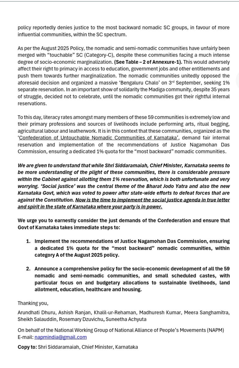 napmindia's tweet photo. NAPM writes to @kharge
&amp; @RahulGandhi to ensure that Govt of #Karnataka sets right the historical injustice to 59 nomadic &amp; semi-nomadic communities, guaranteeing 1% internal reservations, within the Scheduled Castes Category, as per recommendations of Jst #NagamohanDas Comm. ✊🏽 https://t.co/N8s0CussON