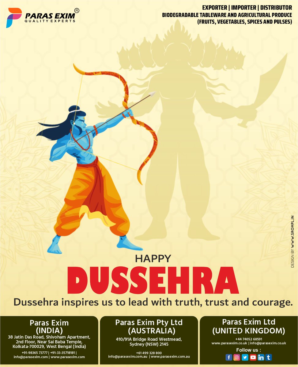 parasexim's tweet photo. Happy Dussehra. Let's celebrate love, light, and togetherness🙏
#dussehra2025 #parasexim #paraseximptyltd #leafonyourtable #gogreen #ecofriendly #bioplates #disposableplates #bethechange #indianmangoes #exportimport #indianexporters #exportquality #biodegradableexport https://t.co/k4qx3OvDTO