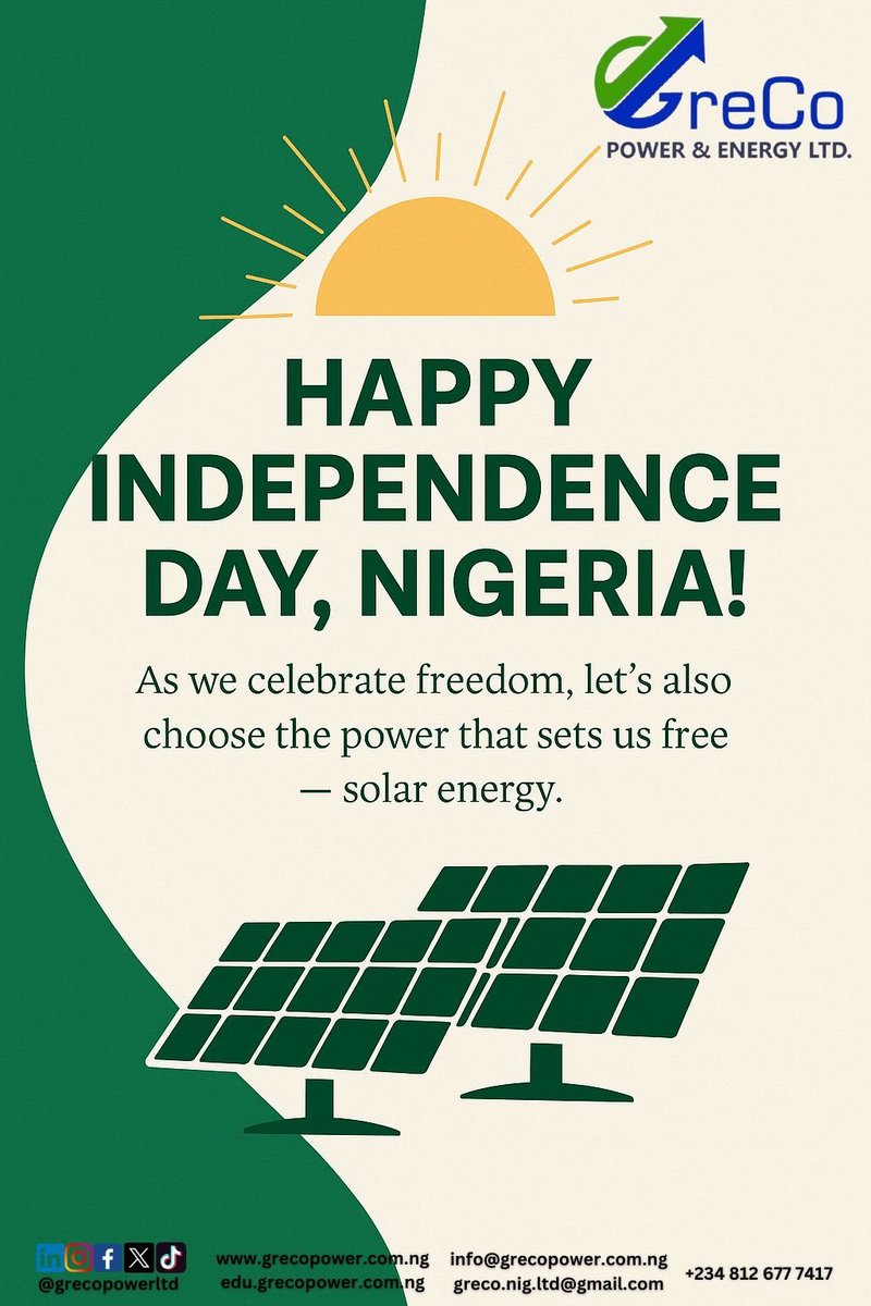 Happy Independence Day, Nigeria! 
True freedom is choosing clean energy — let’s go #solar
#Nigeria #NigeriaIndependenceDay #nigeria65 #Independence #independenceday2025 #SolarPower #RenewableEnergy