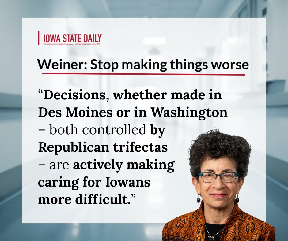 IowaSenate's tweet image. Iowa faces a series of self-inflicted healthcare crises that stem from decisions made in Des Moines and Washington under Republican trifectas. Read Sen. Weiner's column on healthcare in Iowa: bit.ly/48t18X1