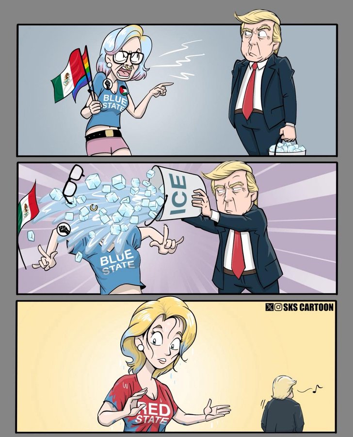 iakashdigital's tweet image. A screaming "Blue State" activist is cooled and converted to a "Red State" conservative after a dose of reality from Trump/ICE. #PoliticalCartoon #CultureWar #ICEBucketChallenge