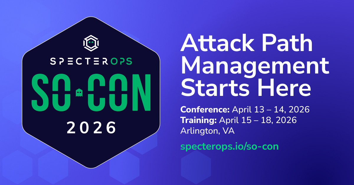 SpecterOps's tweet image. The only conference dedicated to Attack Path Management is back!

3 tracks. Real-world case studies. Hands-on BloodHound Quest lab. Join us at #SOCON2026 and advance your identity-first security strategy.

🎟️ Save 25% with early bird: specterops.io/so-con