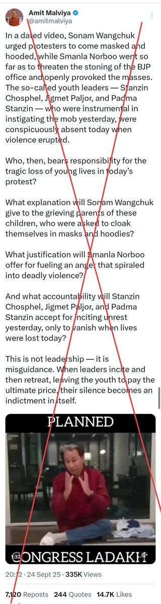 zoo_bear's tweet photo. BJP IT cell head @amitmalviya shared a clipped video of climate activist @Wangchuk66 out of context to suggest that Wangchuk was instigating mobs of protestors to hide their identities by wearing masks and caps. In reality, the video dates back to September 8, before Wangchuk’s hunger strike started. Wangchukwas inviting his viewers to the Sarva Dharm Prarthana Sabha where the strike was eventually announced on September 10. He was urging his followers to wear masks to avoid diseases in the large crowd and caps to shield oneself from the sun. 

Here is the translation of the video: "Respected brothers and sisters,
I appeal to the people of Ladakh to gather in very large numbers at NDS Park for a Mass Prayer Gathering on the 10th september. Let our presence be so vast that it overflows the park, so that our collective prayers rise not only to the Central Government but also reach the leaders across the world, and the divine powers above.
Such a massive and peaceful prayer gathering will be our strongest message, the most powerful yet non-violent way to carry forward our requests and appeals.
At the same time, I urge everyone to take care of their health during this gathering. Large crowds can spread contagious illnesses like cold and Covid. Please carry and wear hats, scarves, and hoodies to protect yourself from the harsh sun, wind, and possible infections.
Due to a prior engagement at a university, I may not be able to join you on the day itself. However, I promise to be with you the very next day, on 11th September.
I also appeal to village heads and apex representatives to kindly be part of this Mass Prayer Gathering, so that together we may discuss and chart out our peaceful and lawful way forward.
Let us unite with faith, peace, and strength."

Here is @AltNews fact check: https://t.co/kKDNKjG7CQ