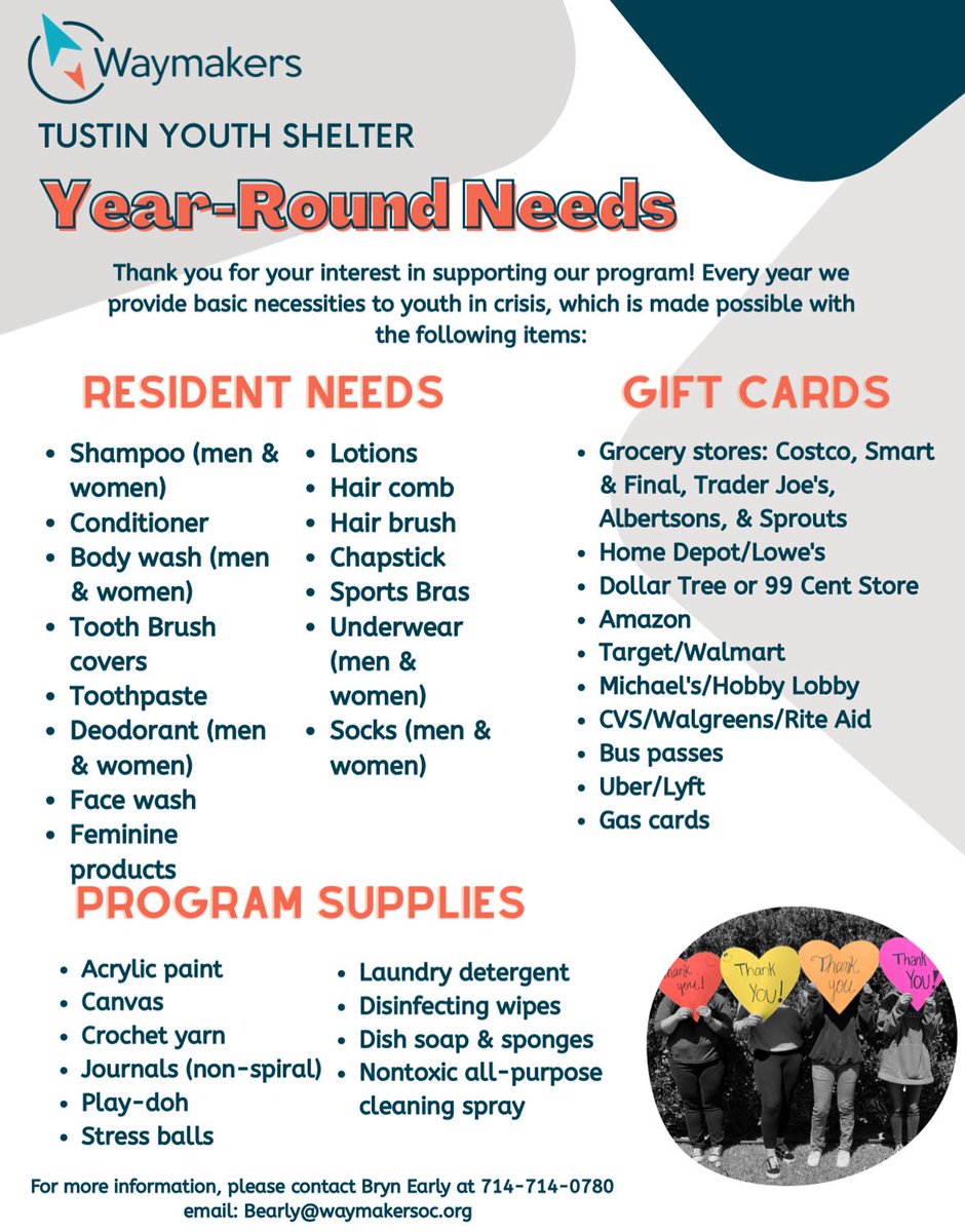 🚨 #Help Needed! 🚨

At Waymakers’ Tustin Youth Shelter, we provide a safe and supportive space for kids in crisis — but we can’t do it without YOU.

Year-round, our shelter needs essentials!

#orangecounty #tustin