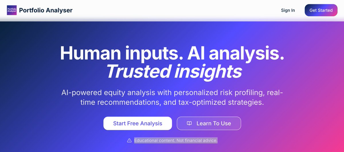trmahesh's tweet image. Built with @lovable_dev Cloud & AI
Portfolio Analyser
Tracks holdings and performance
Provides Buy, Hold, Sell recommendations
For retail investors (Educational use only)
Try it: portfolioanalyser.ai
Lovable Build Challenge: Portfolio Analyser