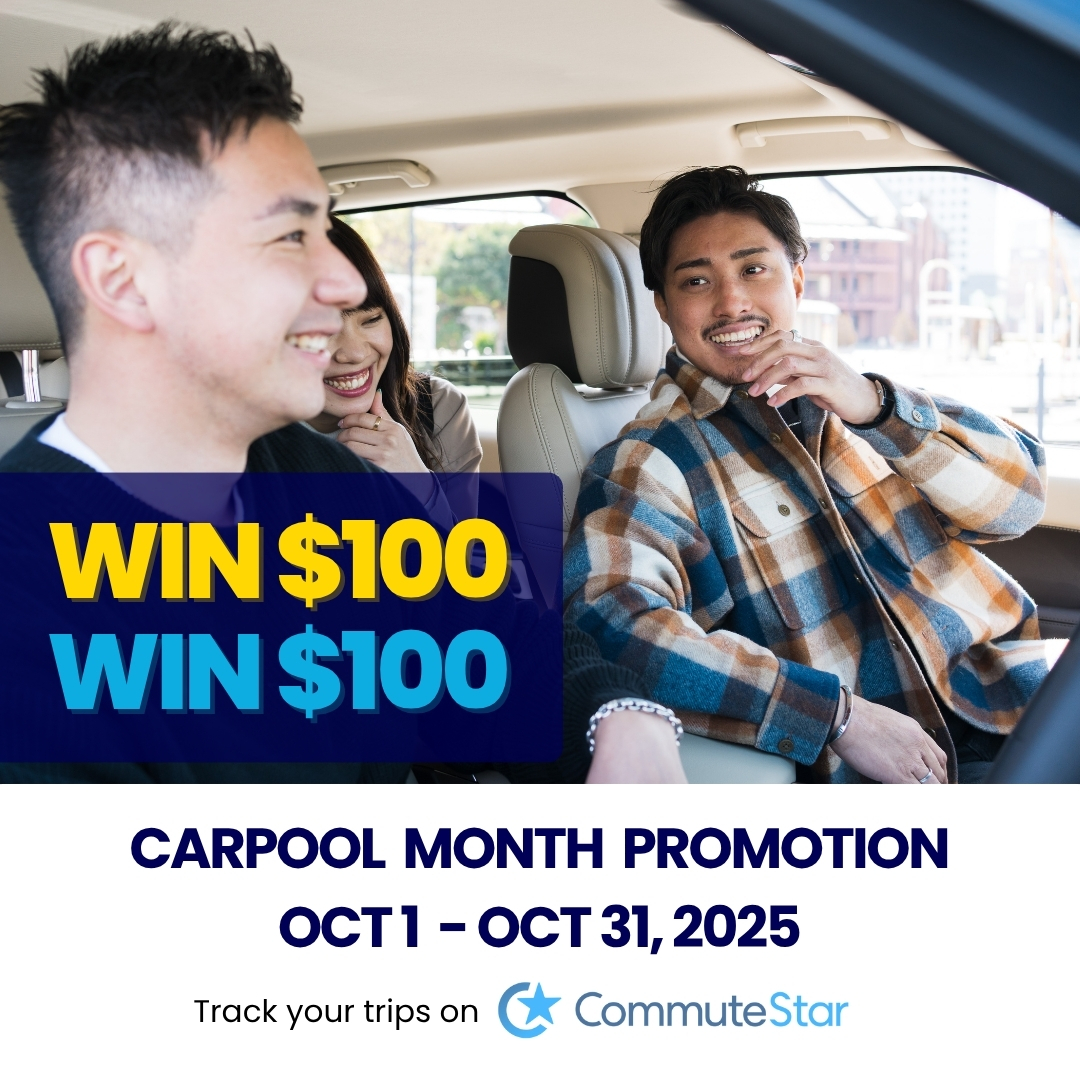 🚗✨ October is Carpool Month! Share the ride with coworkers, family, or neighbors—or match with someone new on CommuteStar. Log trips all month for a chance to win 1 of 2 $100 e-gift cards! 📲 Download the app or visit commute.org to learn more. #carpoolmonth
