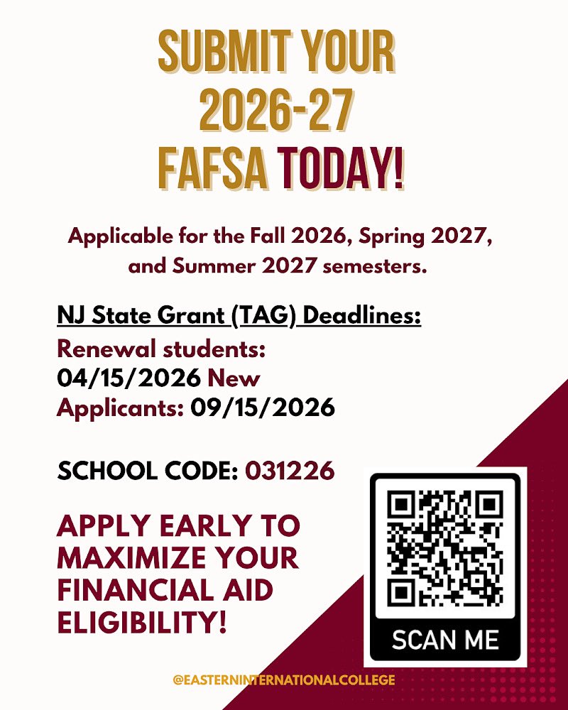 Your future deserves funding. FAFSA is more than a form—it’s your first step toward possibility.

FOLLOW THE LINK HERE:
studentaid.gov/h/apply-for-ai… 

#FAFSA #CollegeReady #EasternInternationalCollege #TAGGrant #financialaidwins