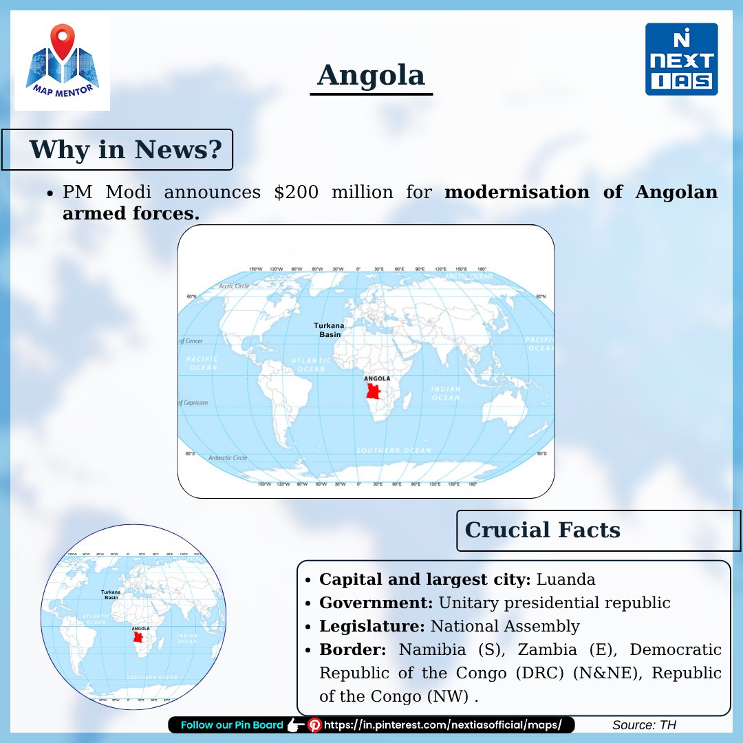 NEXTIAS_Delhi's tweet photo. MAP MENTOR 🗺 by NEXT IAS: The guide to “Mapping Key Locations” in the News!
Stay informed and enhance your geographical knowledge with MAP MENTOR.
Follow us on Pinterest: https://t.co/r9hzXFiy2U
#nextias #mapmentor #whyinnews #upscexam #mapping #keylocations #angola https://t.co/jCNAgIytMZ