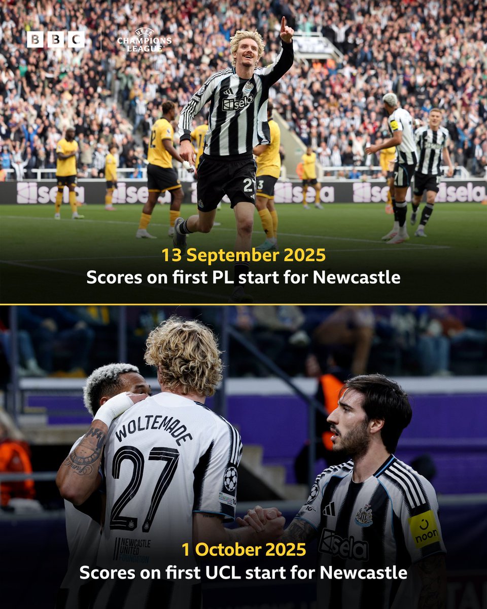 BBCMOTD's tweet photo. It looked for all the world like it was Sandro Tonali's first Champions League goal, but Nick Woltemade got the slightest of touches. ✅

The German is the first Newcastle player to score on both his first Premier League start and first Champions League start for the club.👏

#BBCFootball #UCL