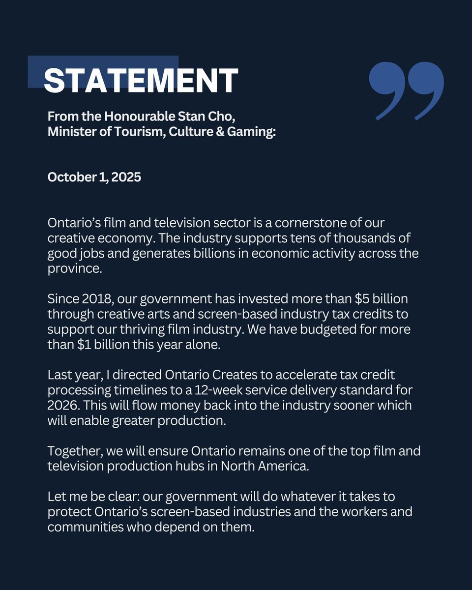 See my statement on protecting Ontario’s screen-based industries in light of President Trump’s 100% tariffs.