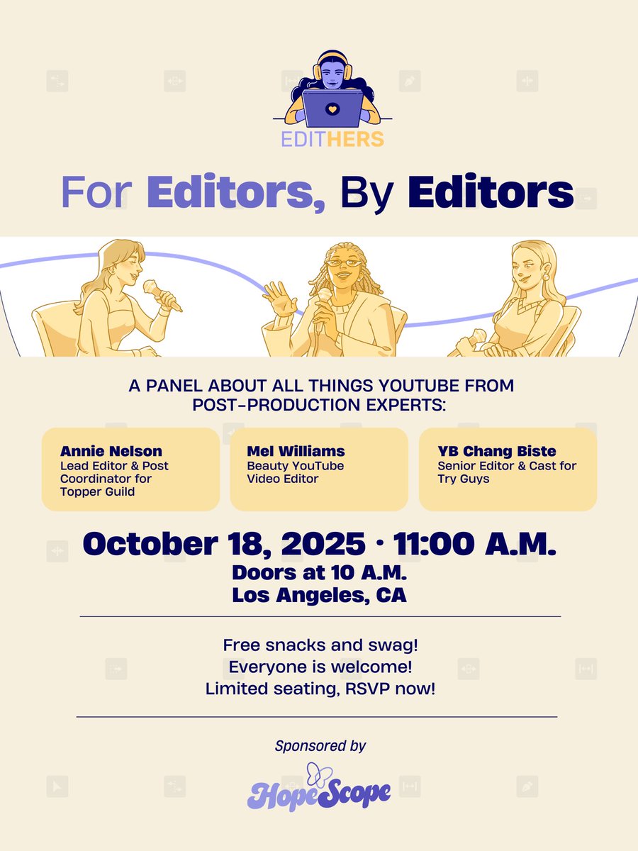 I’m hosting video editing panel on Oct 18 in LA with expert editors working for Topper Guild, the Try Guys, and more!! Apply to join my free community for women YouTube editors here to RSVP and see full event details: rachelkisela.com/edit-hers