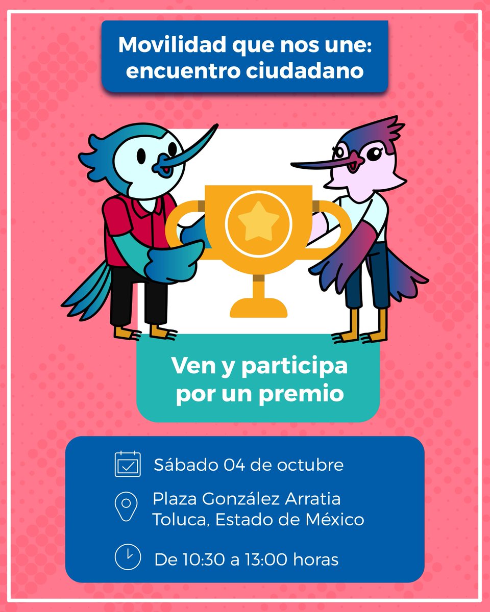 🚲🚌🚗 Te esperamos este 04 de octubre en la Plaza González
Arratia de Toluca, de 10:30 a 13:00 horas.

Habrá actividades gratuitas para aprender más sobre movilidad en las ciudades. #ElPoderDeServir