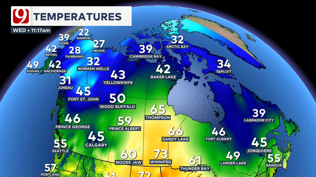 9 Day: We do see cooler shots of air in the near future later next week. Temps should typically be in the 70s for highs now, but the hotter highs continue. A brief cold front arrives early next week then signals of even cooler shot late next week. 

Candian cold building north!