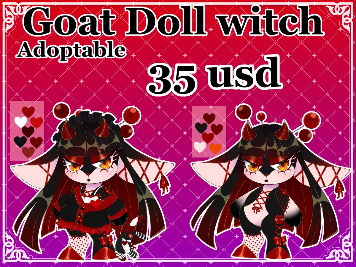 Goat Doll Witch Adoptable
Hello, I have this adopt for 35 usd, which includes the design with clothes and without clothes 

for 56 usd you can have a full reference sheet custom of front view and back view with clothes and without clothes 

extra clothes :25 usd 
edit: 6 usd