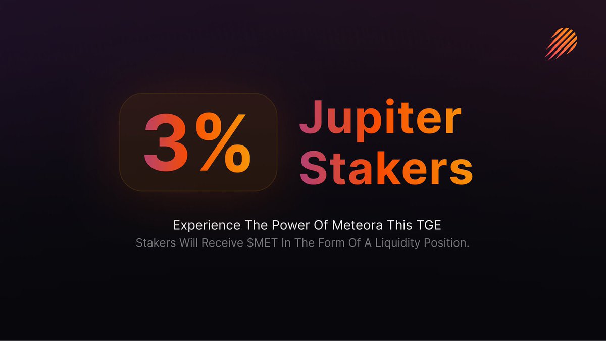 Meteora @MeteoraAG 对Jupiter Stakers 空投1% 的MET 将分配给所有jup质押者，2% 将分配给从未取消质押的长期信徒。  线性空投，按1 月1 日至9 月