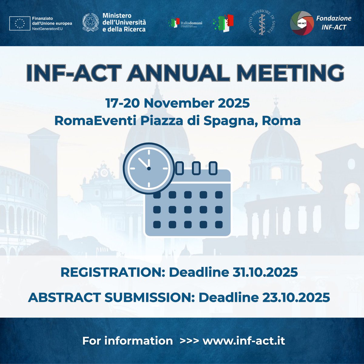 fondaz_inf_act's tweet image. #savethedate The INF-ACT Annual meeting 2025 will take place from 17th to 20th November 2025 in Rome!  While we are working to make it happen... Do not miss the deadline to register and submit your research! #callforabstract  #infact #registrationtime
➡️inf-act.it/event_roma2025…