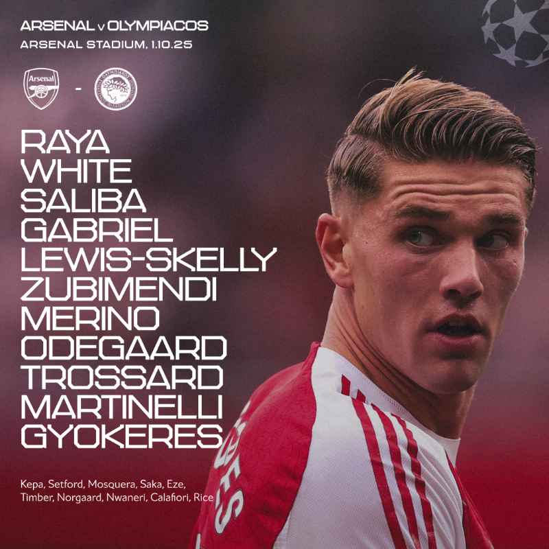 Arsenal's tweet photo. 🔴 𝗧𝗘𝗔𝗠𝙉𝙀𝙒𝙎 ⚪️

↩️ White and Lewis-Skelly in at wing-backs
⚖️ Zubimendi holding down the fort
⚡️ Martinelli on the wing

Let's keep this good run going, Gunners 👊