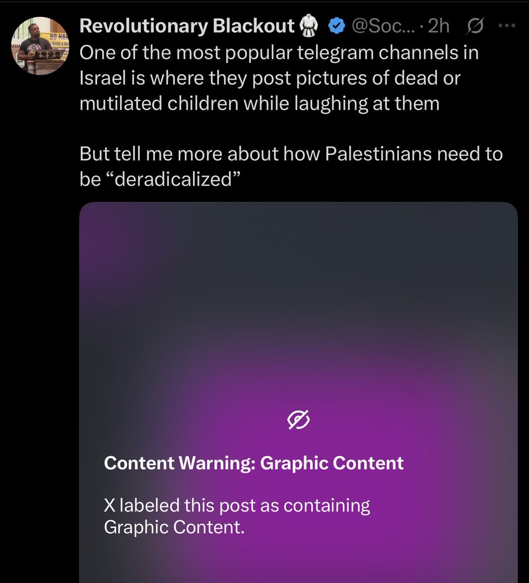 AssalRad's tweet photo. X is putting warning labels on images that are already censored. This is one way they’re suppressing Palestine posts. https://t.co/RROnm7HSdW