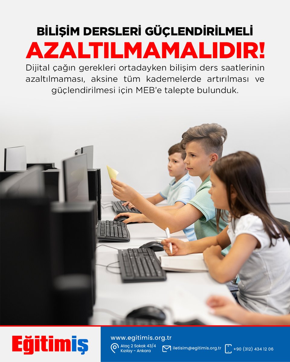 Dijital çağın gerekleri ortadayken bilişim ders saatlerinin azaltılmaması, aksine tüm kademelerde artırılması ve güçlendirilmesi için MEB’e talepte bulunduk.

Başvuruyu Görmek İçin Tıklayınız;
egitimis.org.tr/sendika-haberl…