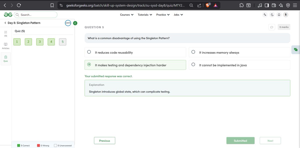 sonali__sahu's tweet photo. 📚 Day 8 - #120DaysOfSystemDesign with
@geeksforgeeks ! 
Explored: 
- Design Pattern
- Singleton Design Pattern
Course Link : https://t.co/4zQB2ZpPfL #skillupwithgfg #nationskillup https://t.co/oHVHqJG8LW