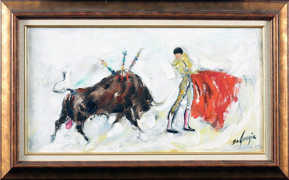 🐂 Pase de Muerte by Ted DeGrazia 🎨

This powerful piece captures the intensity and drama of the bullfight, as the matador faces the bull in a moment of courage and tension. Bold colors and striking movement bring the scene to life. 🔴✨

#DeGraziaGallery #PaseDeMuerte